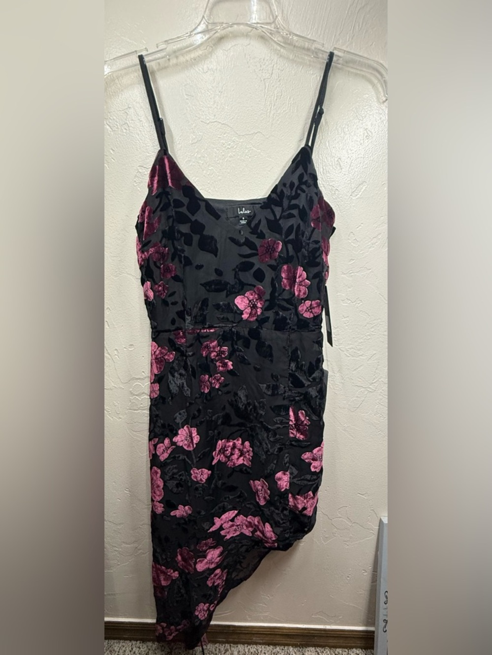 Lulu's Asymmetrical Velvet Floral Dress, Black and Plum - Picture 2 of 9